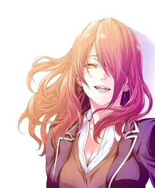 Anime Girl PFP #38: An anime girl with long hair fading from blonde to pink laughs, wearing a purple blazer over a white shirt.