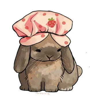 Cute PFP #11: A brown lop-eared bunny drawn in coloured pencil wears a pink strawberry-patterned shower cap.