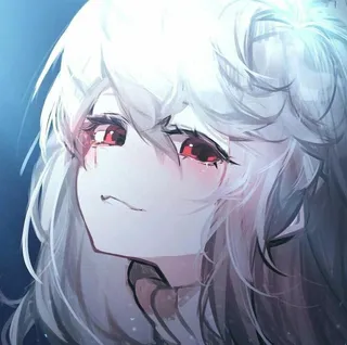 Discord PFP #14: A white haired anime girl with red eyes and a faint smirk looks up in soft, glowing blue and white light.