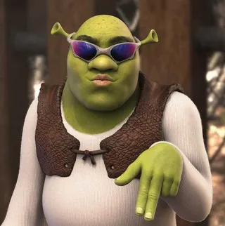 Funny PFP #1: Shrek poses in purple tinted sport sunglasses and his brown vest, pointing one hand down with a smug pout in a 3D render.