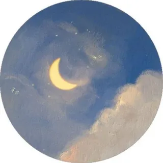 Moon PFP #20: A glowing yellow crescent moon floats in a painted blue sky with tiny stars and soft peach clouds inside a round frame.