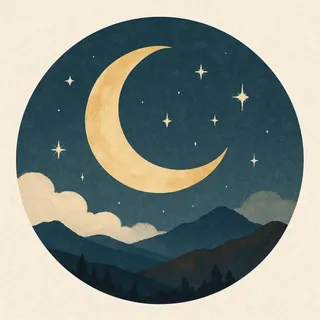 Moon PFP #21: A large golden crescent moon and twinkling stars hang over layered navy mountains, pine trees and cream clouds in a round night scene.
