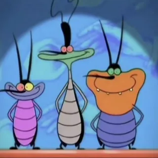 Trio PFP #17: Joey, Marky and Dee Dee from Oggy and the Cockroaches stand side by side grinning with hands on hips against a blue backdrop.