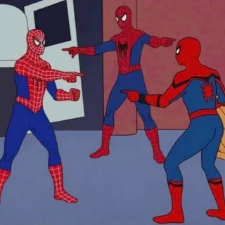Trio PFP #21: Three Spider-Men in red and blue suits point at each other in the classic cartoon meme inside a grey room.