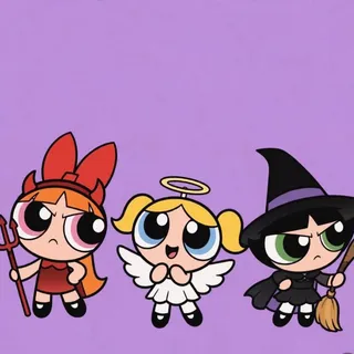 Trio PFP #23: Blossom as a devil with a pitchfork, Bubbles as an angel with a halo and Buttercup as a witch with a broom stand on lilac.